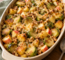 ovenschotel met kleine spruiten, appel en walnoten